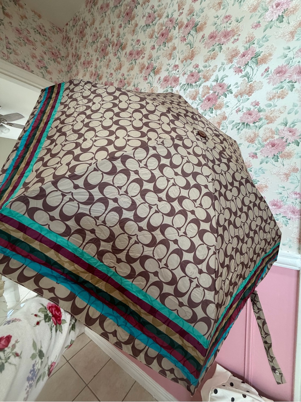 Y2K Neutral Cream & Brown Patterned Umbrella with Teal Trim - Unbranded